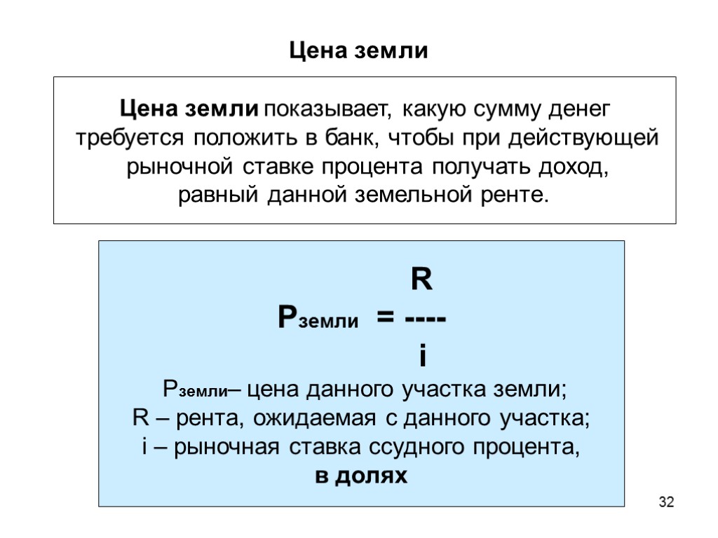 32 Цена земли Цена земли показывает, какую сумму денег требуется положить в банк, чтобы